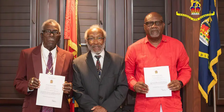 Sir Clare Roberts presides at swearing-in for Sir McLean Emannuel, Peter Abraham